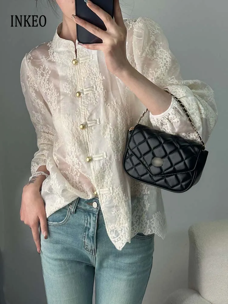 

Роскошная женская рубашка с цветочной вышивкой, бежевая, лето 2021, блузка в китайском стиле с длинными пышными рукавами, модные топы, осень INKEO 4T150