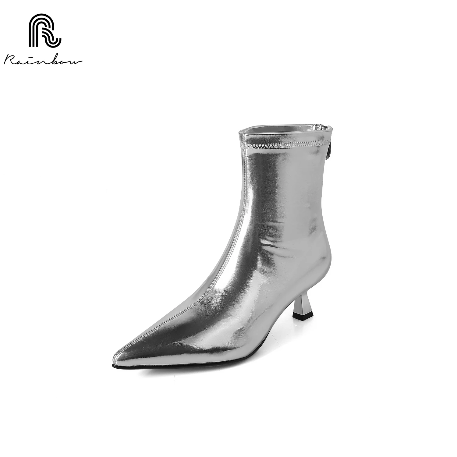 

RAINBOW 34-40 Spring Autumn Women Ankle Boots Ladies Sexy Pointed Toe Silver Leather High Heel Shoes Soft Fashion Zippers Black