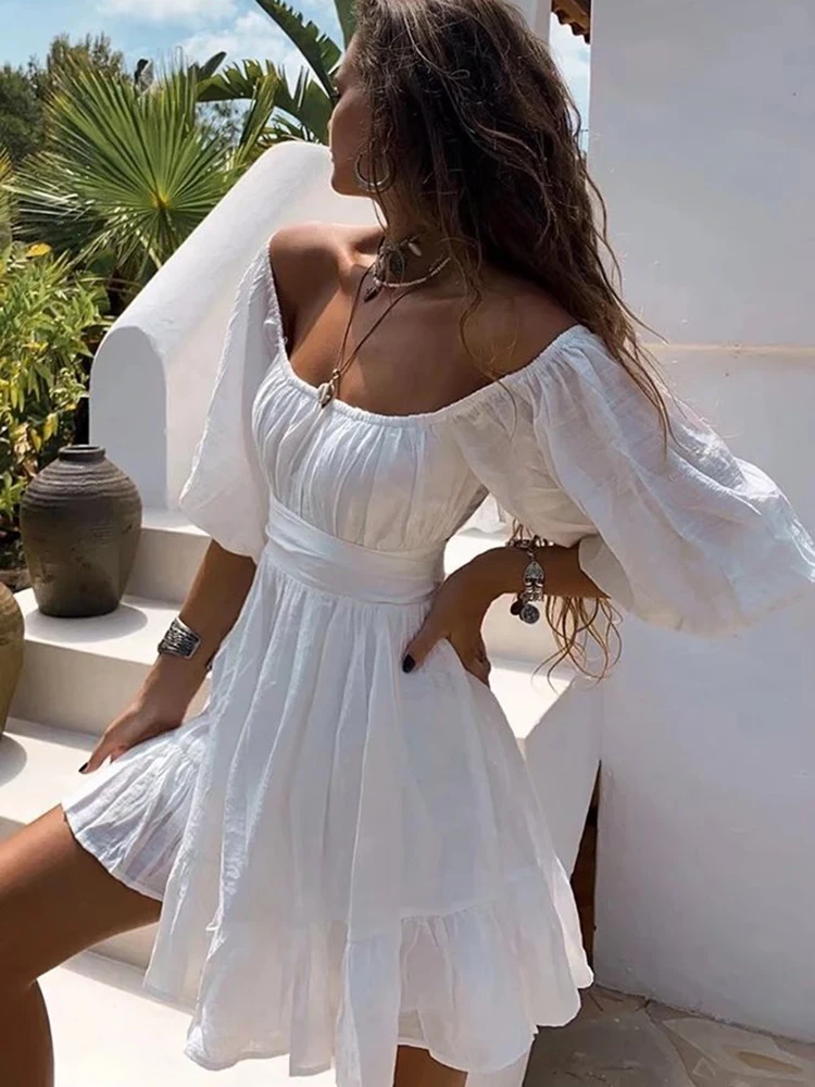 White Chic Boho Mini Dresses for Women High Waist Strapless Bowknot Beach Sundress Short Sleeve Bohemian Summer Dress