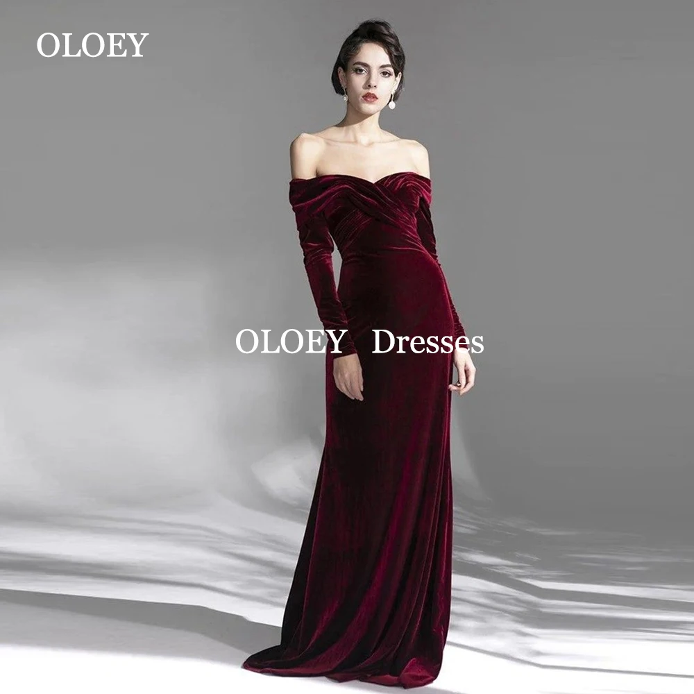 

OLOEY Modest Wine Red Velour Evening Dresses Off Shoulder Full Sleeves Arabic Formal Party Gowns Floor Length Pleats Customized