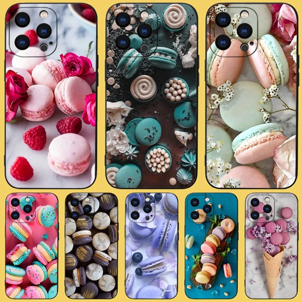 Coque de téléphone pour iPhone 15,14,13,12,11 Plus,Pro,Max, Poly, XS,X,7,8 Plus,SE,Mini, noir, souple, dessert, crème glacée, macaron, nourriture