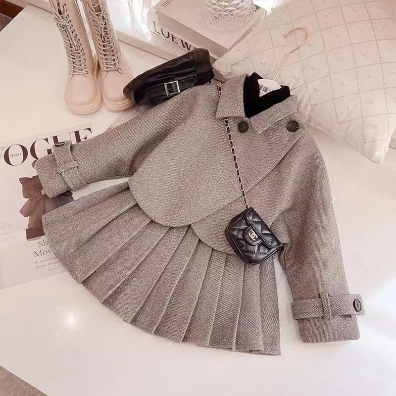 

Little Girls Tweed Outfits Kids Jacket and Pleated Skirt Two Piece Sets Luxury Designer Children's Clothes Baby 2 Piece Clothing