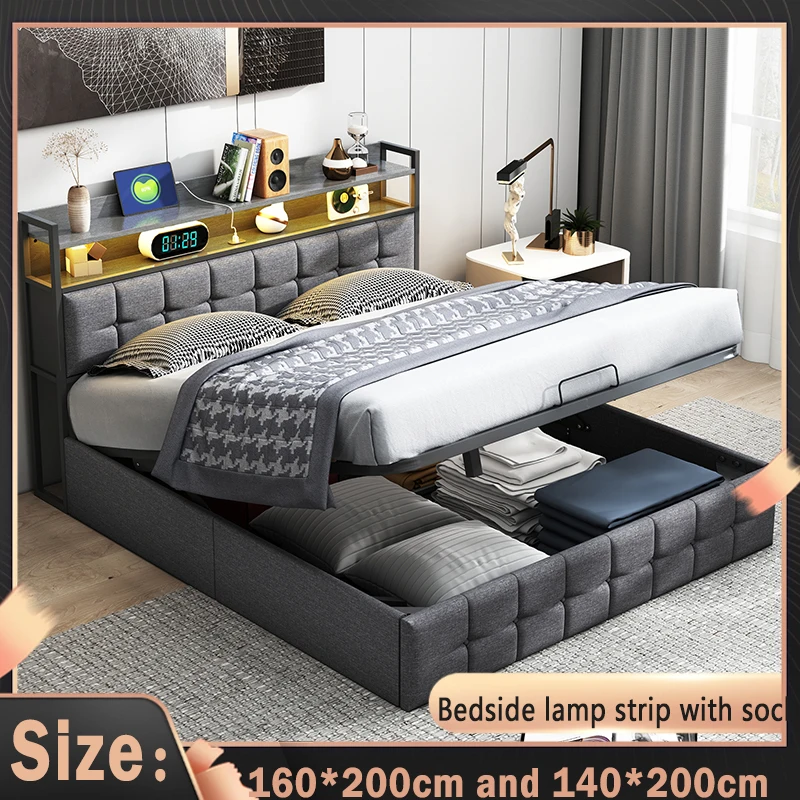 Cama con Sistema de Elevación a Gas Anajqaqia en Lino Gris con Tira de Luces LED y Enchufe, 140x200 cm / 160x200 cm (Colchón No Incluido)