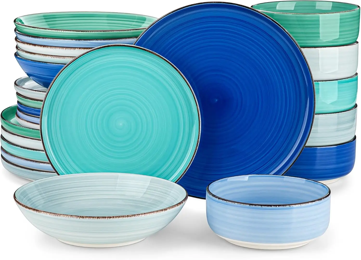 vancasso Bonita Dinnerware Sets 24 Pieces, Blue Stoneware Dishes Set for 6, Dinner Platers with Bowls Set,Large Pasta Soup Bowls