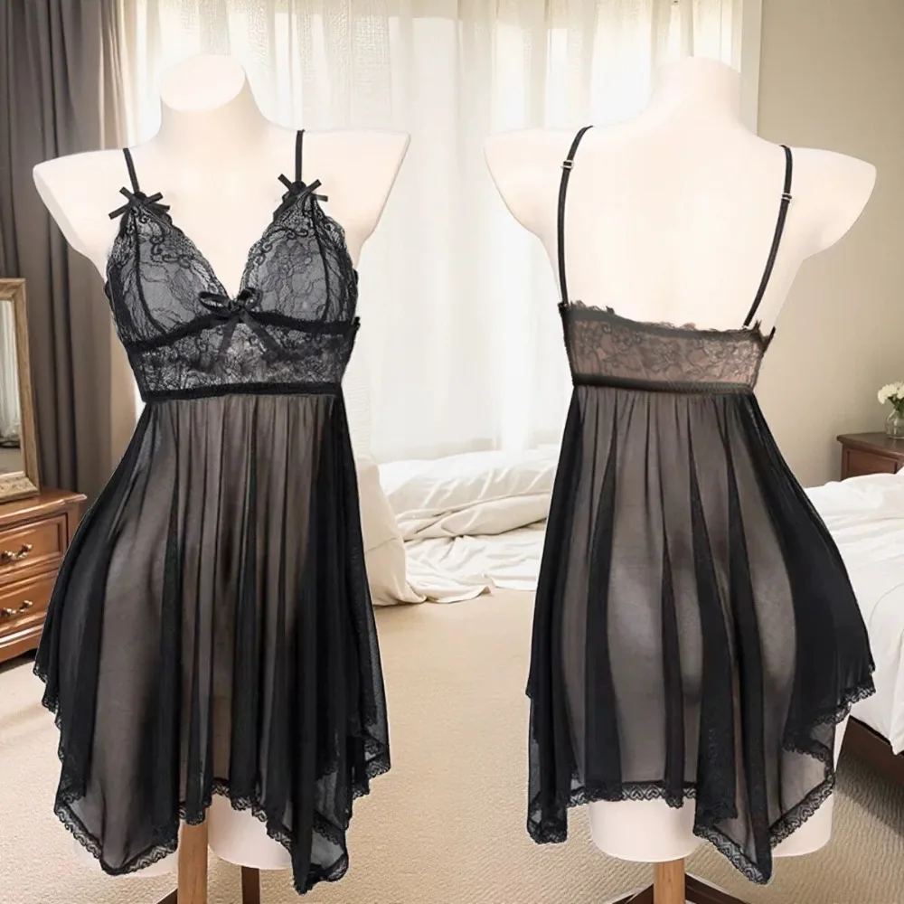 

Fashion Nightgown Sexy Clothing Lace Skirt Transparent Mesh Bow Deep V Lace Skirt Nightdress Sleeveless Sexy Lingerie Dress Home