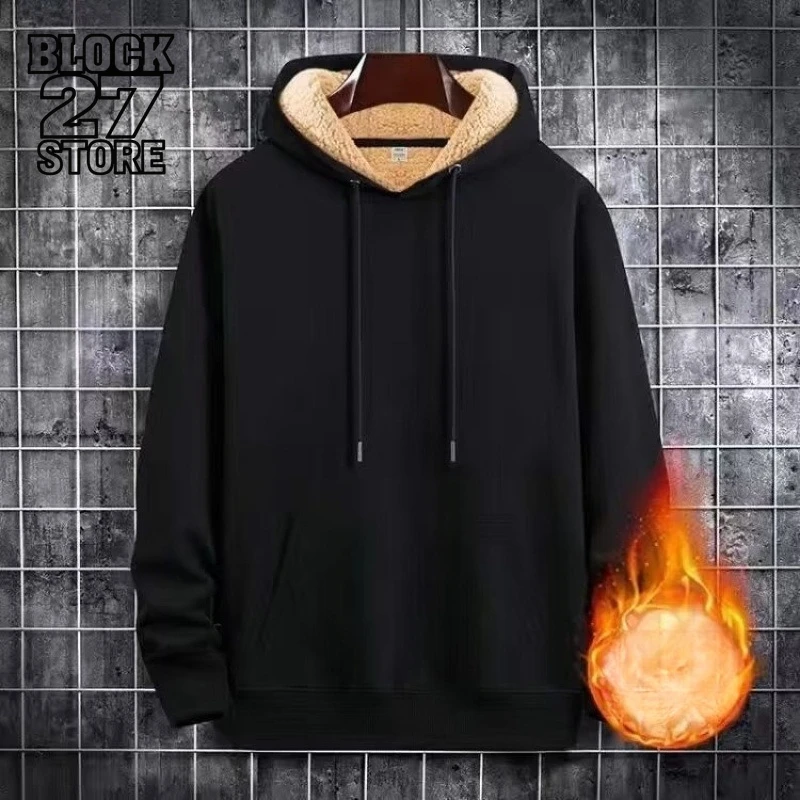 Harajuku جديد كنزة بغطاء رأس من الصوف الرجال الدافئة البلوز البلوز بلون عادية فضفاضة تناسب الشارع الشهير موضة ملابس خارجية الخريف الشتاء