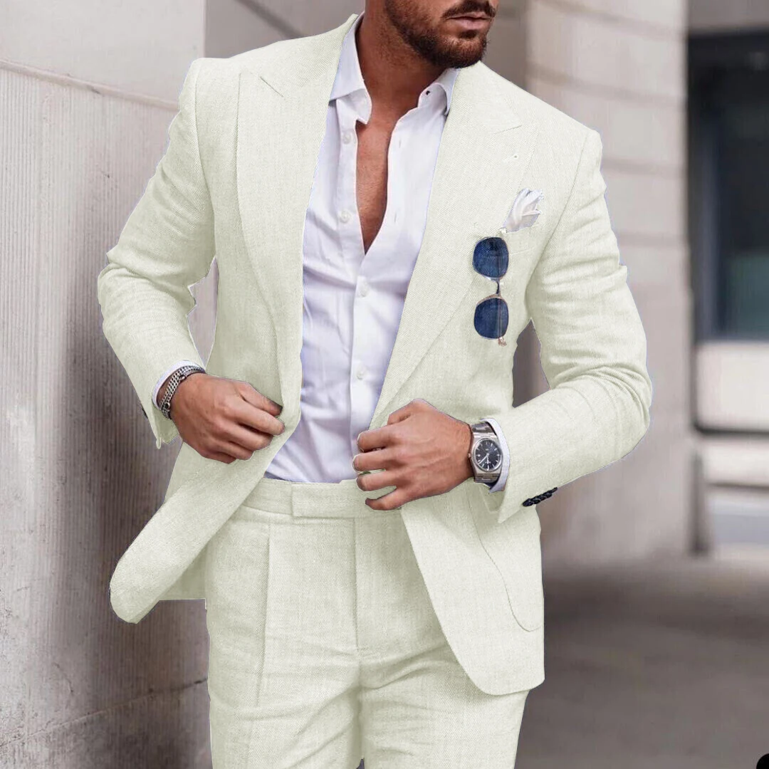 Linen Men Suits Suit Wedding Top+pants 2-Piece Single-breasted 2023 Luxury Peak Lapel Collar Flax Trajes Elegante Para Hombre