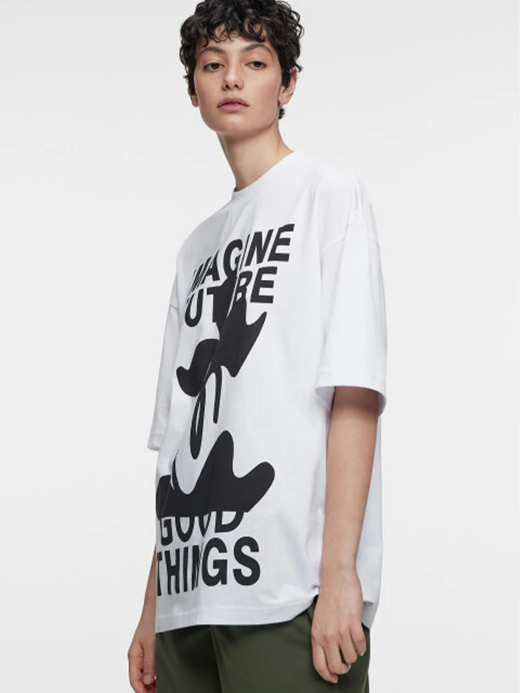 

Women'S Flower Cartoon Letter Printed T-Shirt Round Neck Loose Breathable Short Sleeved Casual Versatile White Top Tee