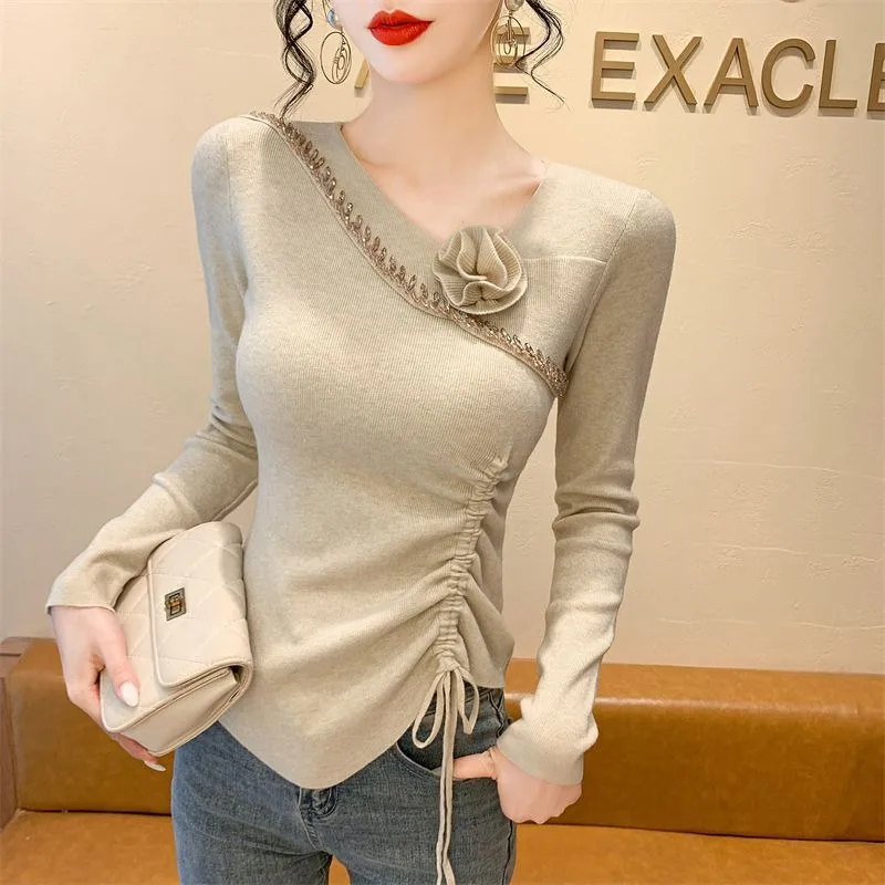 

Новый осенне-зимний утягивающий свитер с длинными рукавами, нерегулярный трехмерный вязаный топ с цветочным низом