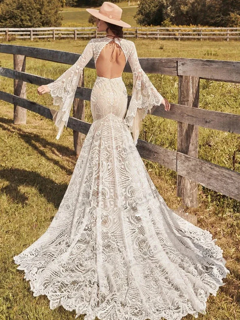 Customized Romantic Lace Wedding Dresses Bohemian Rustic Round Neck Flared Sleeve Fishtail Slit Trailing Bridal Gowns