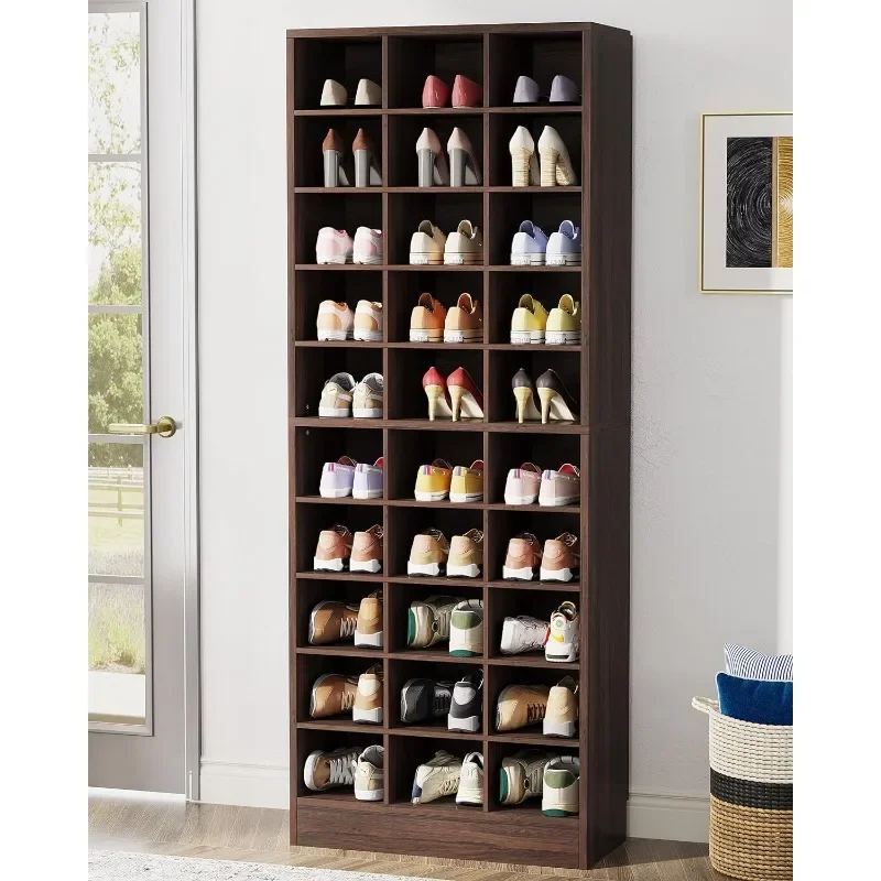 

10-Tier Shoe Storage Cabinet, Espresso Wooden Shoe Rack with 30 Cubbies, Freestanding Tall Entryway Shoe Organizer for Closet