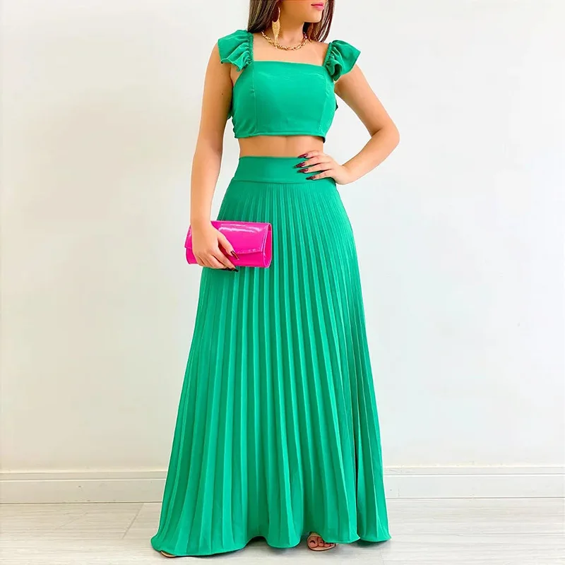 2023 Summer Casual Two Piece Set for Women Sexy Sleeveless Solid Color Top with Long Skirt Set Elegant Sweet Dress Suit