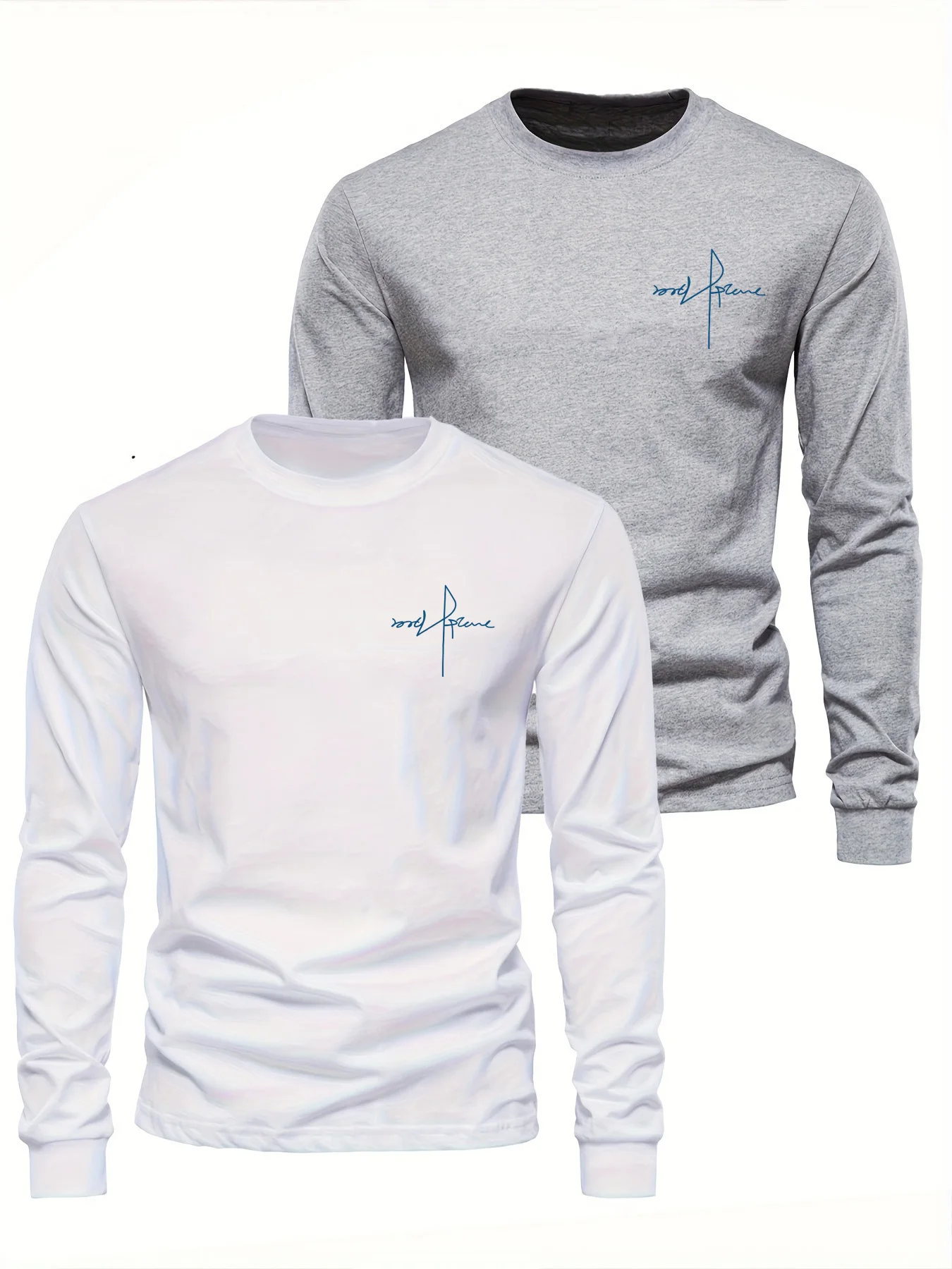 100% de algodón puro para hombre, camiseta holgada informal de manga larga con cuello redondo y estampado de letras cruzadas, camiseta versátil para primavera y otoño