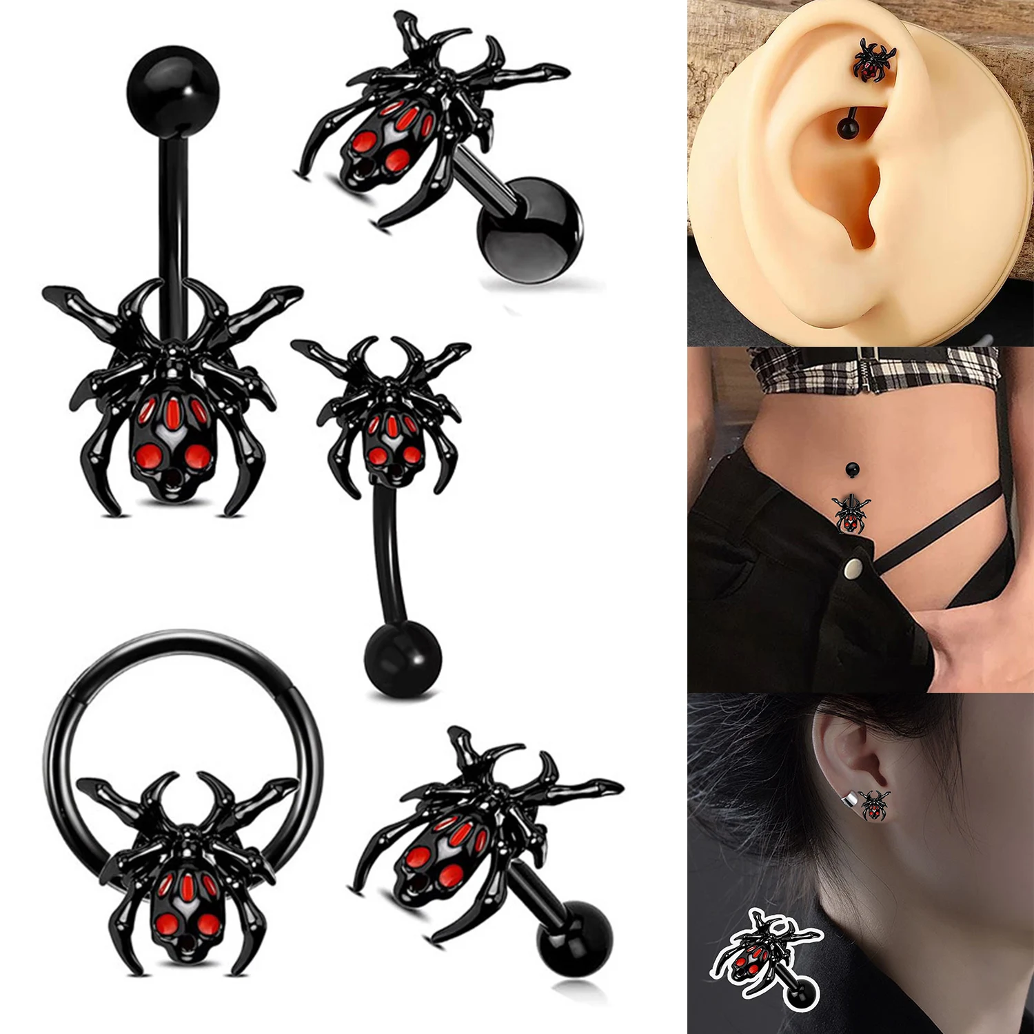 Sexy anel da barriga da aranha para mulheres, aço inoxidável, jóia do corpo magnético, anel do umbigo, piercing animal, 1pc