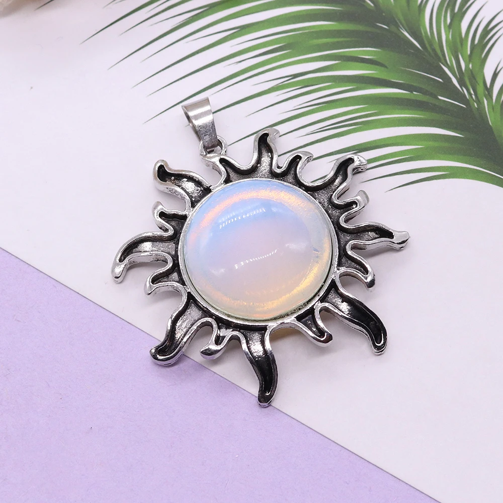 Fashion Natural Stone Pendant Quartz Crystal Tiger-eye Plated Silver Alloy Sun Pendants for Jewelry Making Necklace Accessories