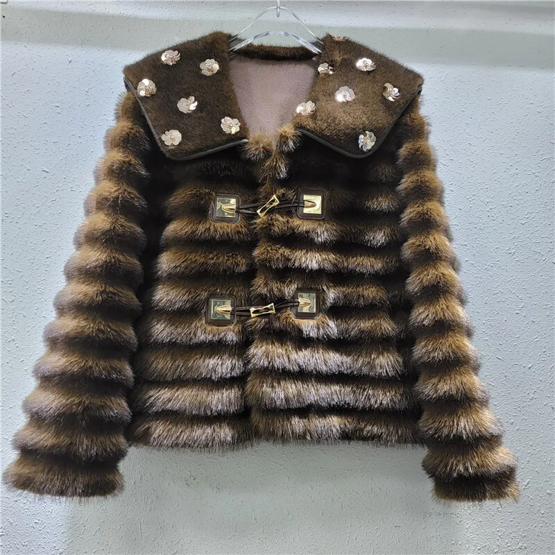 WTHT 2024 Winter Trendy Diamonds Big Lapel Faux Fur Coat Long Sleeves Horn Buttons Design Plush Warm Jacket Female 1LS549