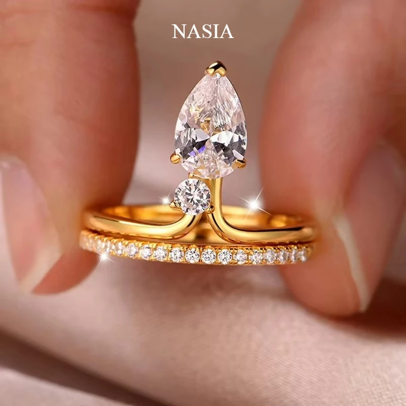 NASIARose Gold Color Pear Cut All Moissanite Women Ring Jewelry Sets 2pcs Lab Diamond S925 Sterling Silver Girls Band 2026