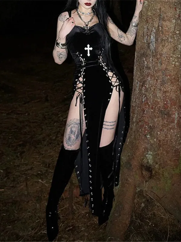 Goth Dark Punk Hoge Split Zoom Bandjes Jurk Streetwear Jurk Vrouwen Sexy Maïs Bandage Fluwelen Jurken Mall Gothic Kleding PF5K
