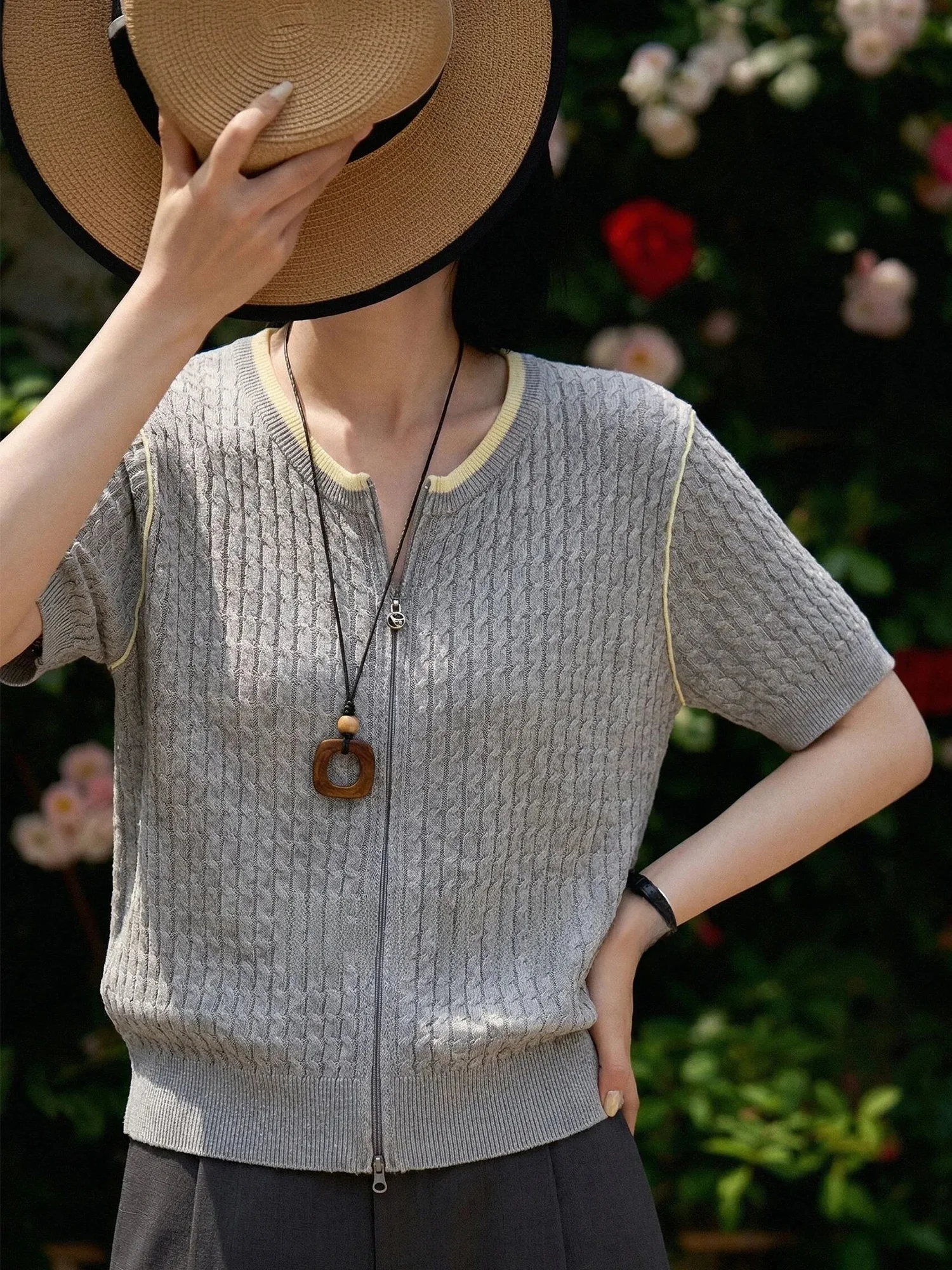 

Chivirin round Neck Short Sleeve Knitted T-Shirt Women's Casual Summer Grey Slimming Young-looking Top Zipper Open Cardigan