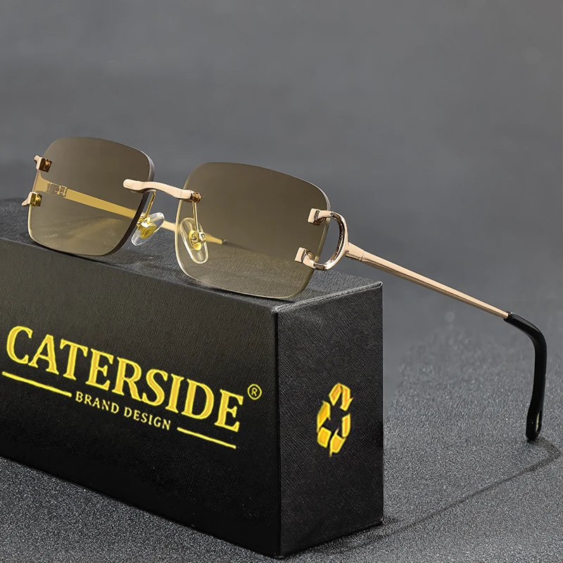 CATERSIDE Blue Rectangular Sunglasses Men Rimless Metal Fashion Square Sun Glasses For Women Gradient Lens Outdoor Eyewear UV400