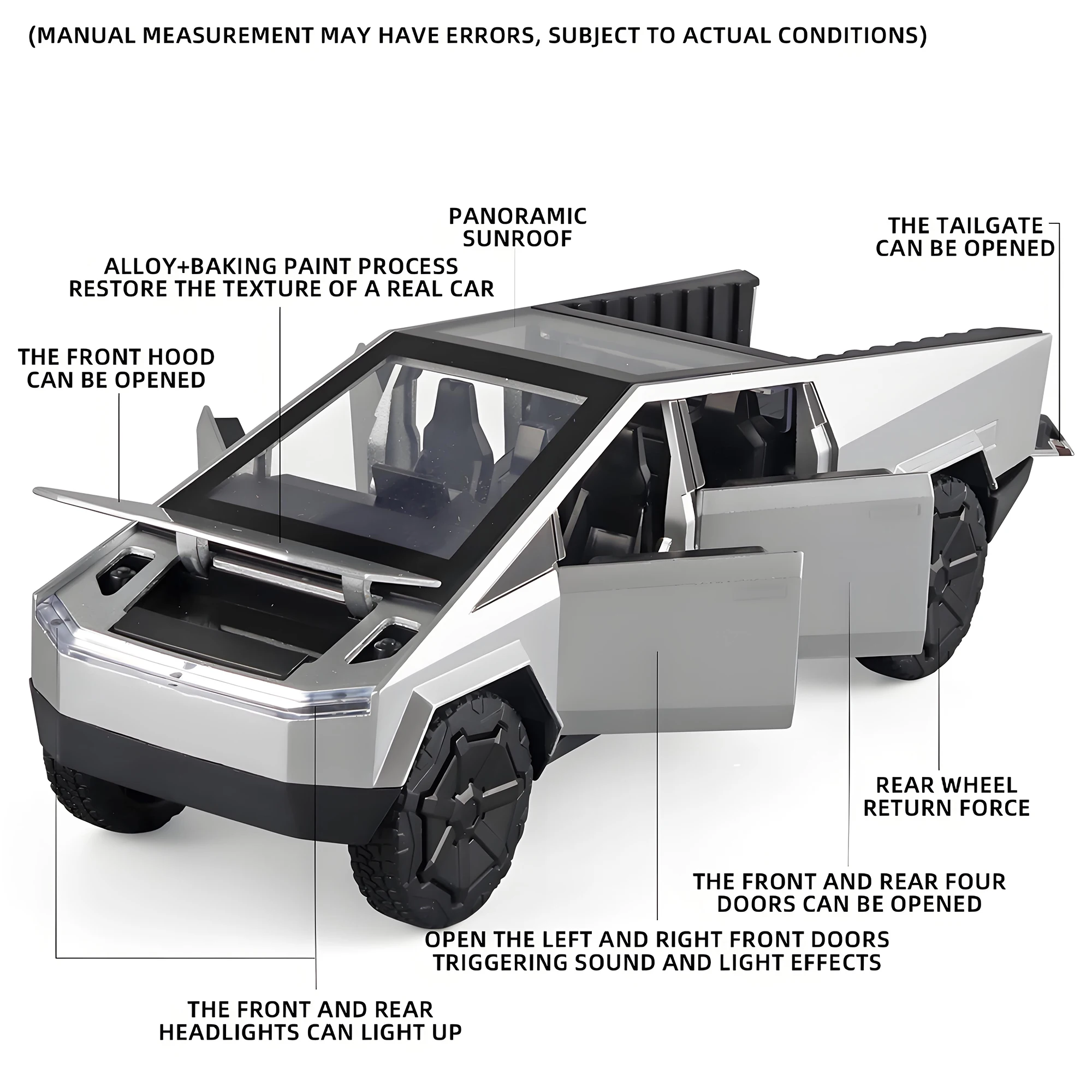 1:32 Cybertruck Pickup Toy Lega Fuoristrada Modello in metallo pressofuso Regali giocattolo per il ritorno del suono e della luce, Regalo di compleanno per bambini.