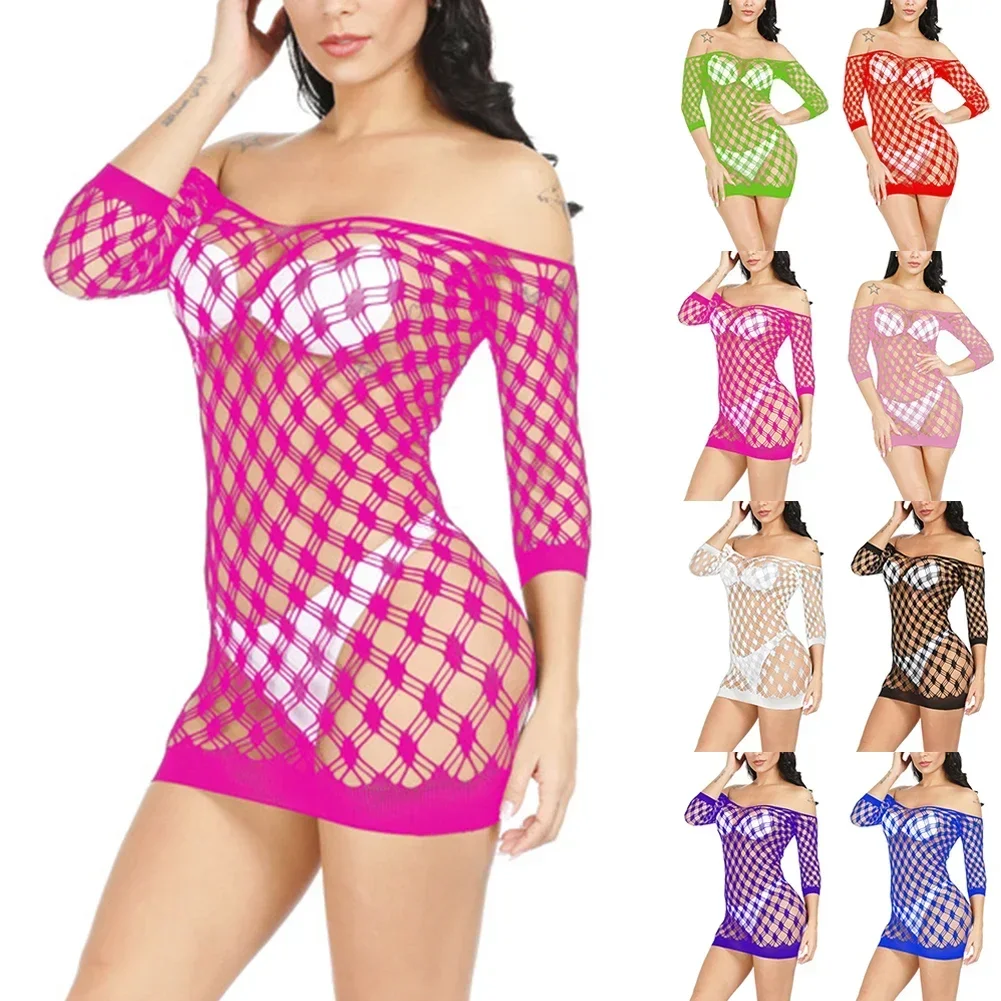 Camicia da notte da donna Calze a rete Lingerie cava Vedi attraverso la tuta Body Stocking Dress Indumenti da notte Rete da notte