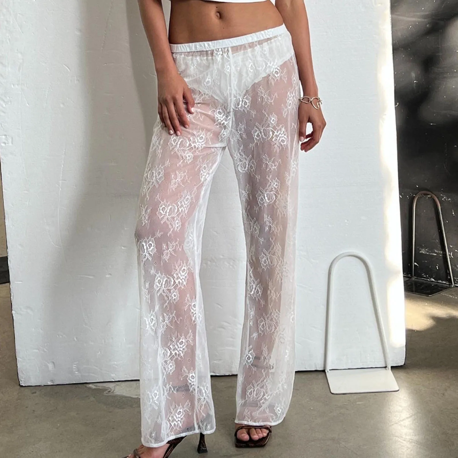 

Women Solid Color Summer Lace Pants Flower See Through Elastic Waist Straight Leg Long Trousers Casual Pants