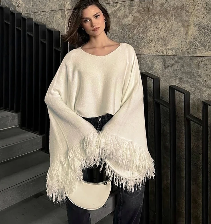 

Tassel Big Furry Sleeve Knitted Sweater Women's Streetwear Fashion Short Loose Sweater Top Solid Autumn Winter New Lady