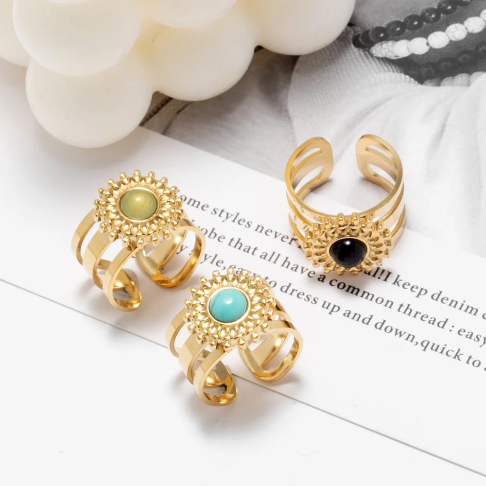 

WILD & FREE Vintage Stainless Steel Rings For Women Gold Color Gothic Inlaid Natural Stone Statement Jewelry