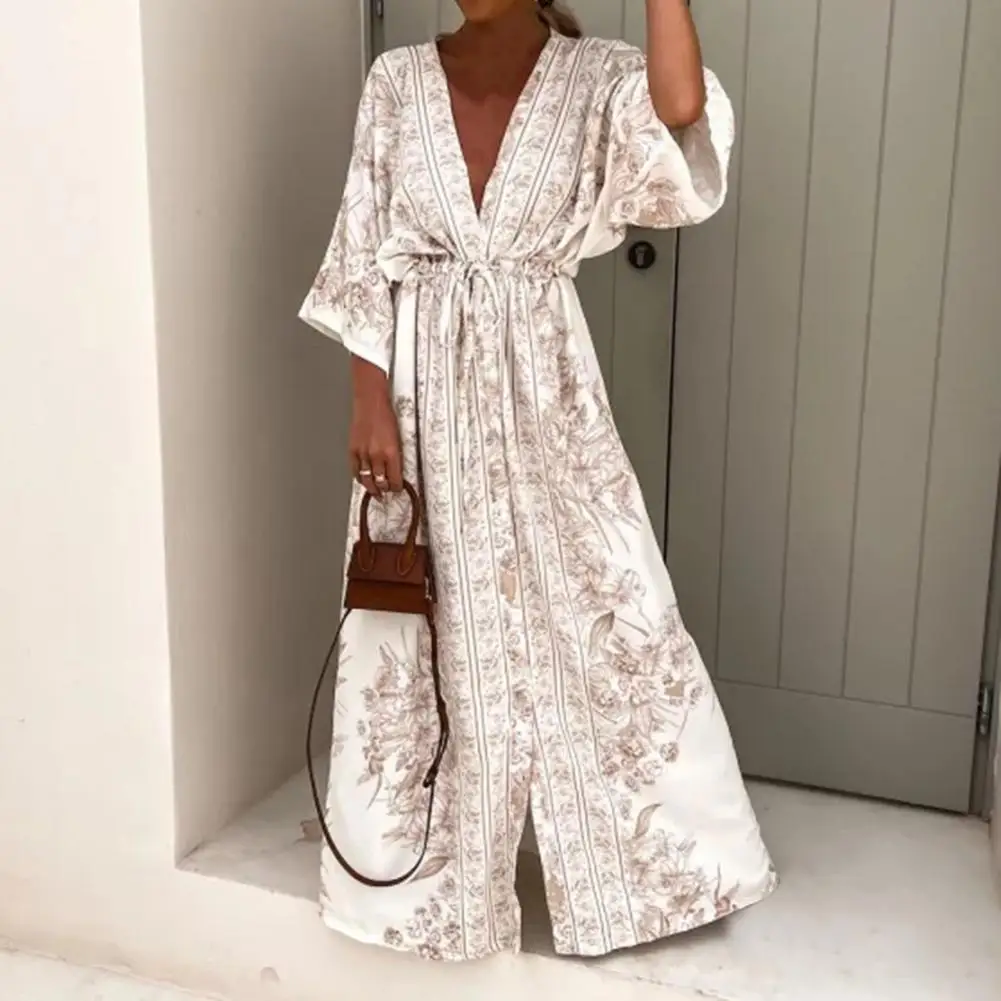 Casual Dress Skin-touching Beach Dress Soft Fabric Ankle-Length  Beautiful Boho Retro Print 3/4 Flare Sleeve Beach Dress