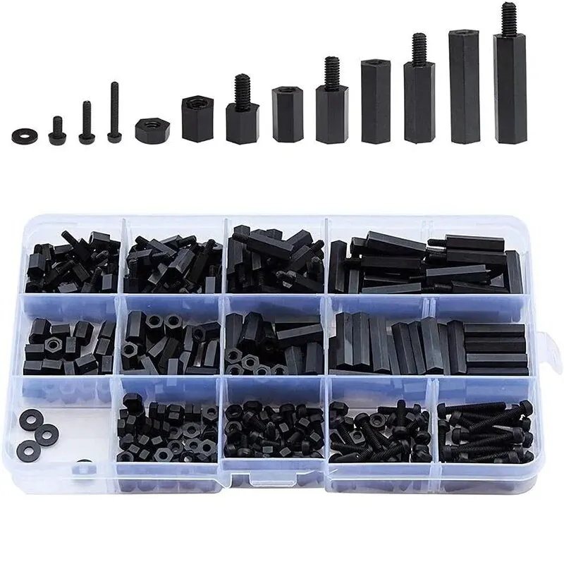 300Pcs/set M3Black Hex Nylon Standoff Spacer Column Flat Head Nylon Plastic Spacing Screws Nuts