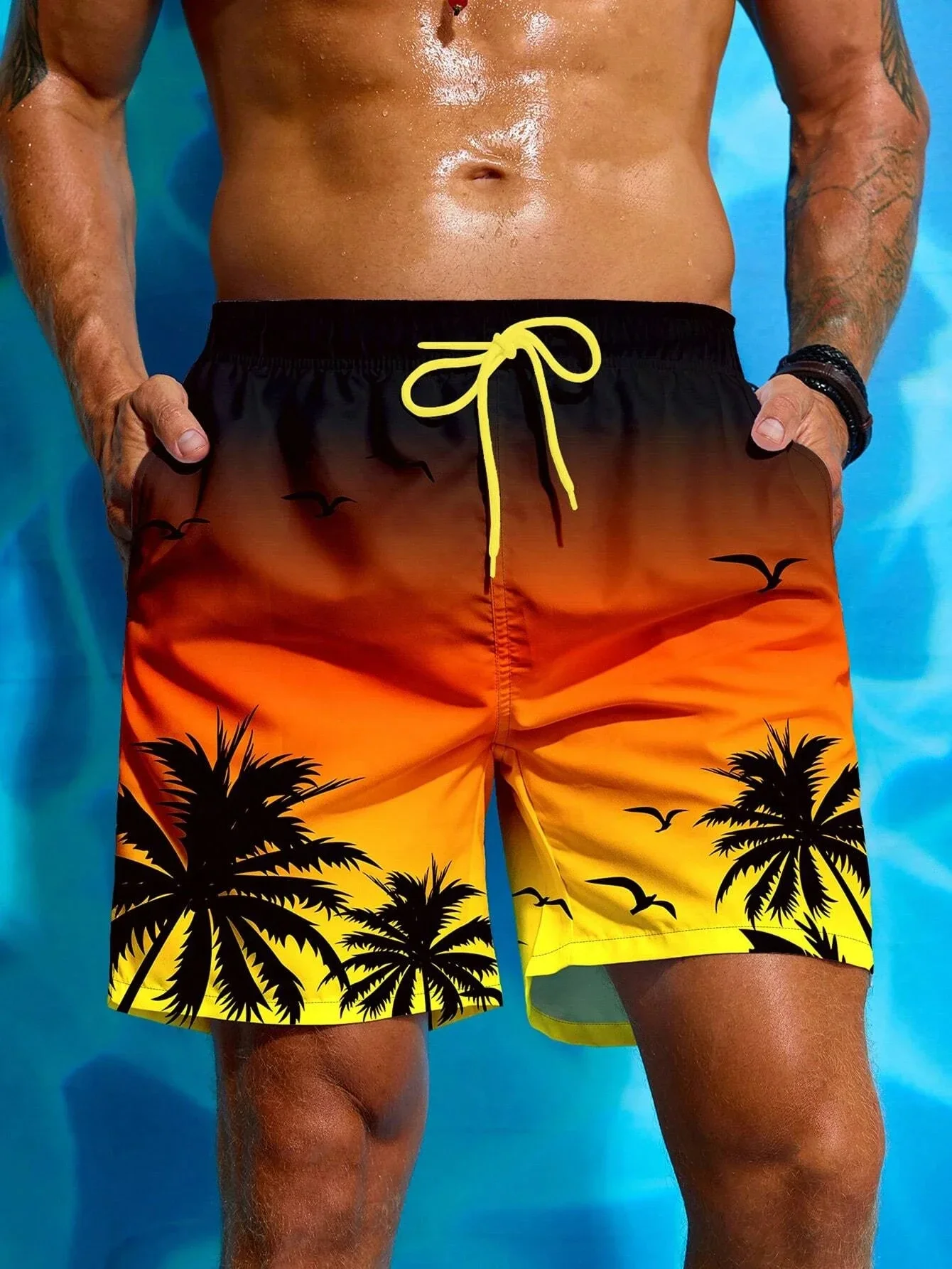 Palm Tree Stereo Print Pattern Men\'s Athletic Shorts Beach Vacation Men\'s Swim Shorts Vacation Hawaii Beach Men\'s Shorts S-2XL