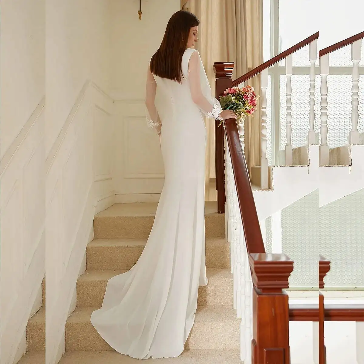 

Цветное новое однотонное французское простое элегантное тонкое вечернее платье с v-образным вырезом и небольшим шлейфом и длинными рукавами, халат, женское платье