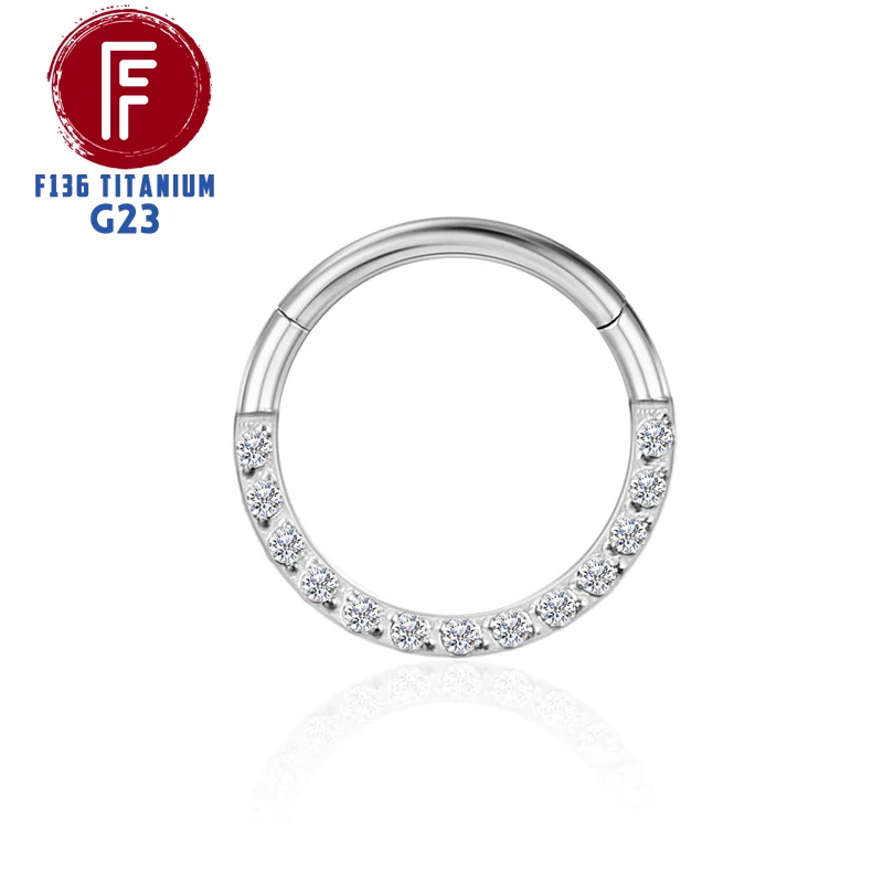 F136 Titanium Nose Piercing Hinged Bead Hoops CZ Stone Rings