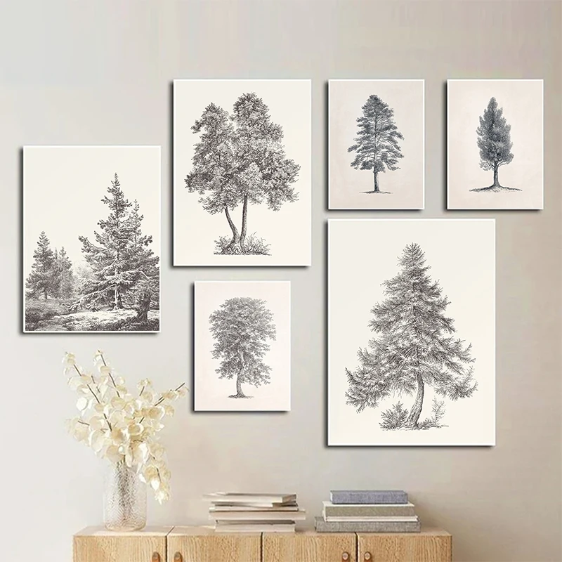 1pc frameless Canvas Painting Antique Trees Beech Betula Cypress Ash Tree Sketch Retro Posters and Prints Canvas Printing Wall A