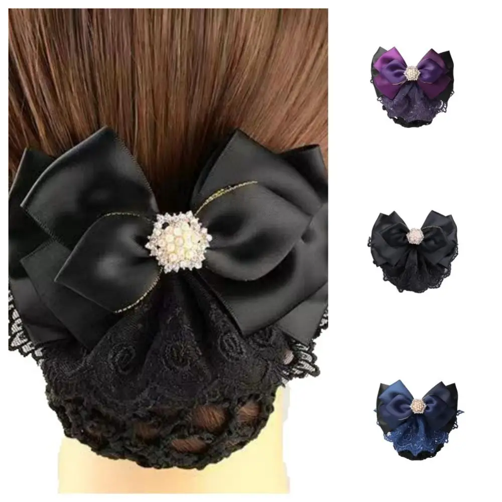 Sweet Pearl Bowknot Spring Clip Ribbon Rhinestone Bun Snood Headwear Korean Style Hair Net Cover Hotel