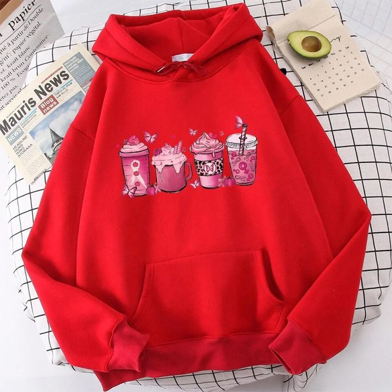 Sudadera de manga larga con capucha para mujer, suéter de color café para la concienciación sobre el cáncer de mama, ropa de calle Harajuku