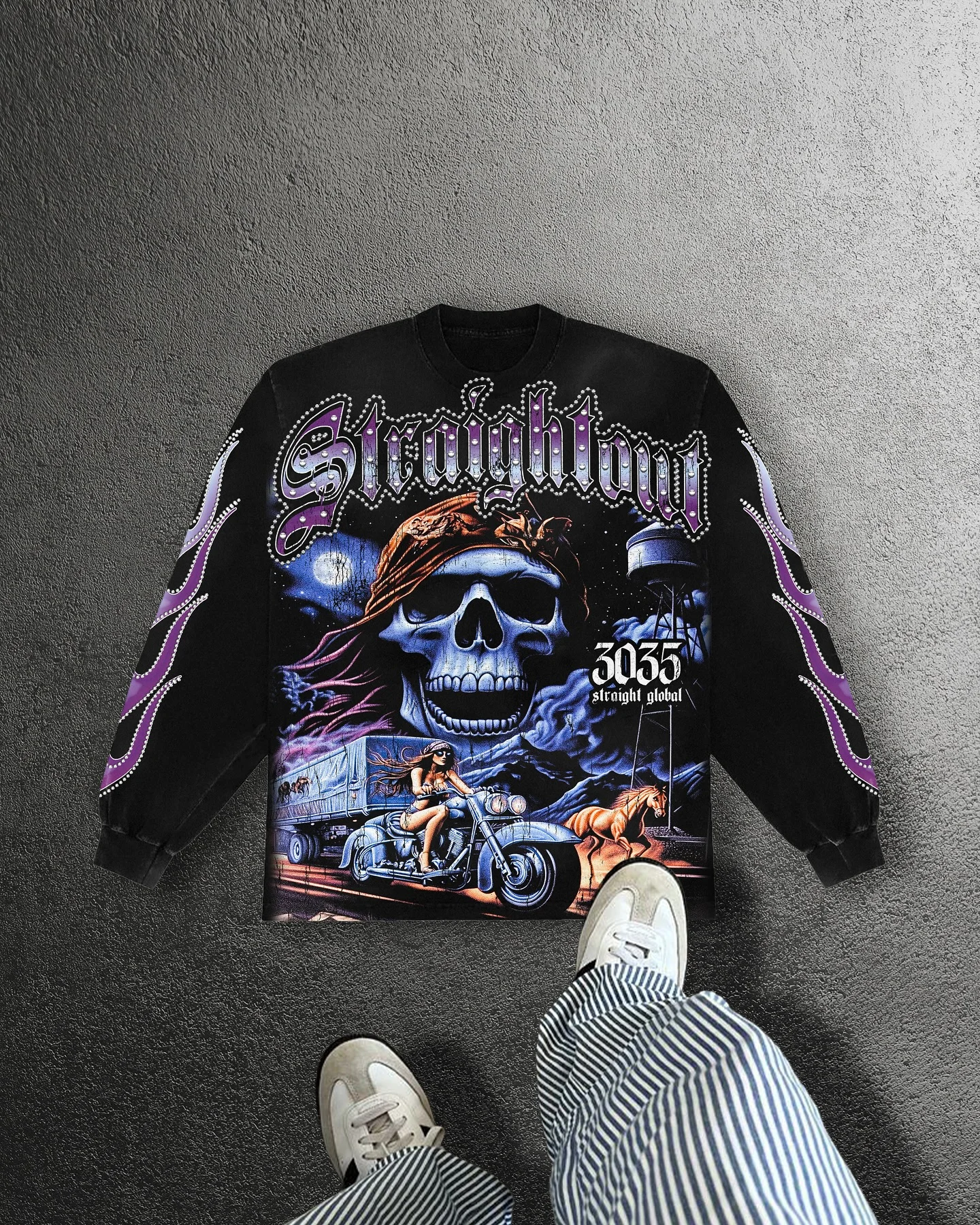 

Skull Motorcycle Graphic T Shirts Y2K Streetwear Men Oversized T Shirt Vintage Harajuku Crew Neck Black Cotton Long Sleeve Tops