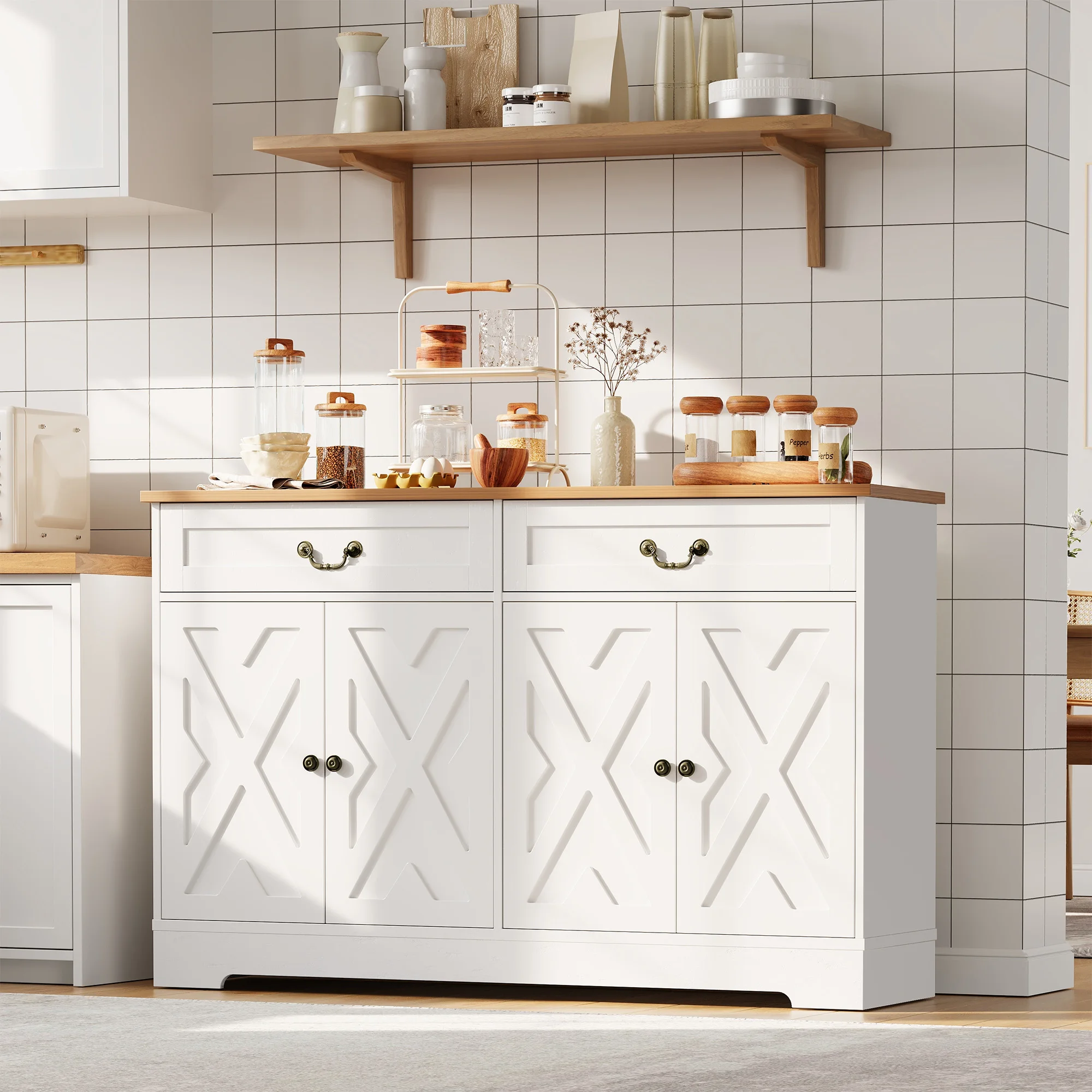 Credenza con 2 ante a forma di V, in truciolato, finitura noce e bianca, mobile credenza.
