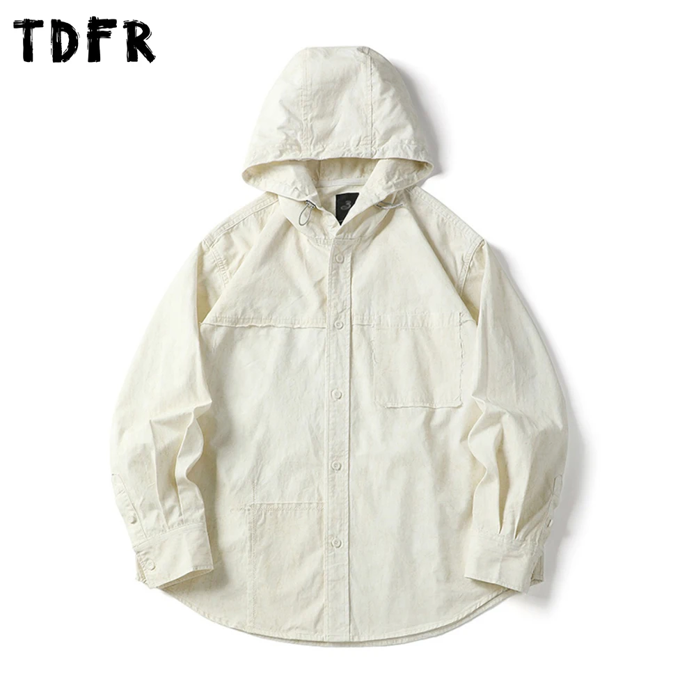 

Solid Color Cargo Hooded Shirts Mens Pocket Spliced Autumn Safari Style Loose Long Sleeve Single Breasted Cotton Shirts Man