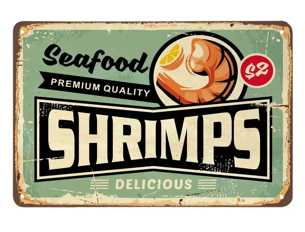 AOYEGO Shrimps Tin Sign,Seafood Delicious Orange Fruit Plate Restaurant Delicious Healthy Tasty Vintage Metal Tin Signs for Cafe