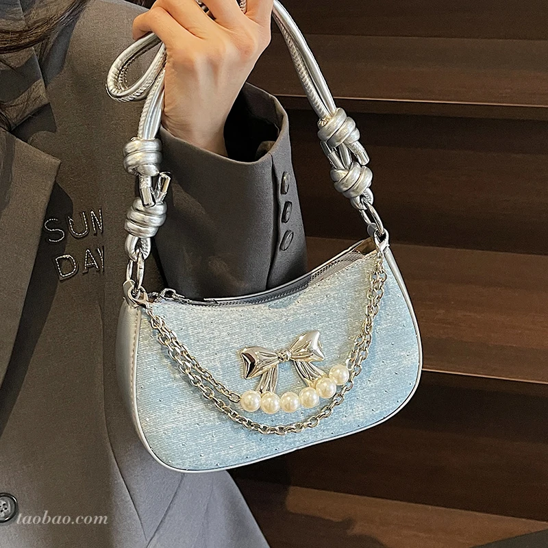 

Luxury Diamond Chain Crossbody Bag New Women's Denim Underarm One Shoulder Bags Exquisite Versatile Party Handbags Trend