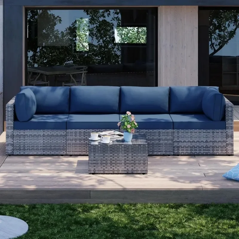 5 Pieces Outdoor Patio Sectional Sofa Couch, Silver Gray PE Wicker Furniture Conversation Sets with Washable Cushion