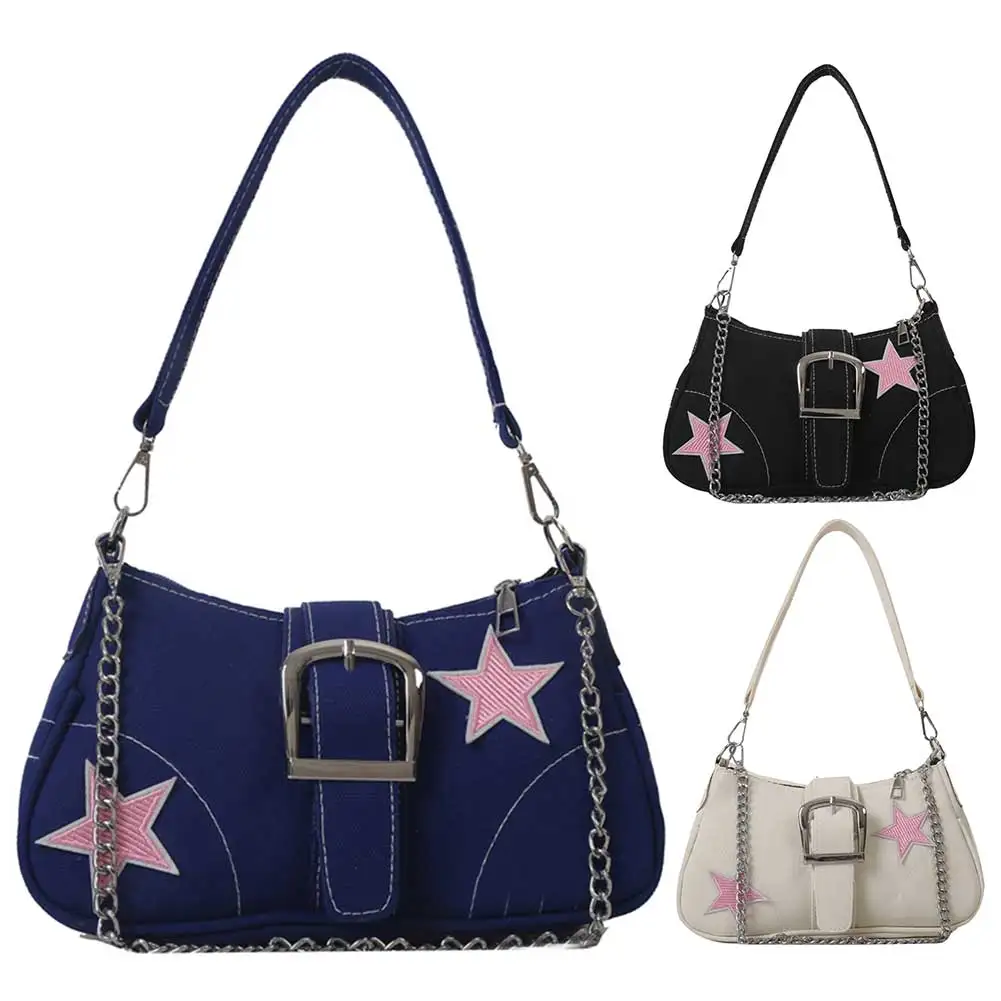 Bolsa de ombro crescente casual para mulheres, bolsa versátil com lona, axila tiracolo, bolsa para namoro diário, corrente de estrelas