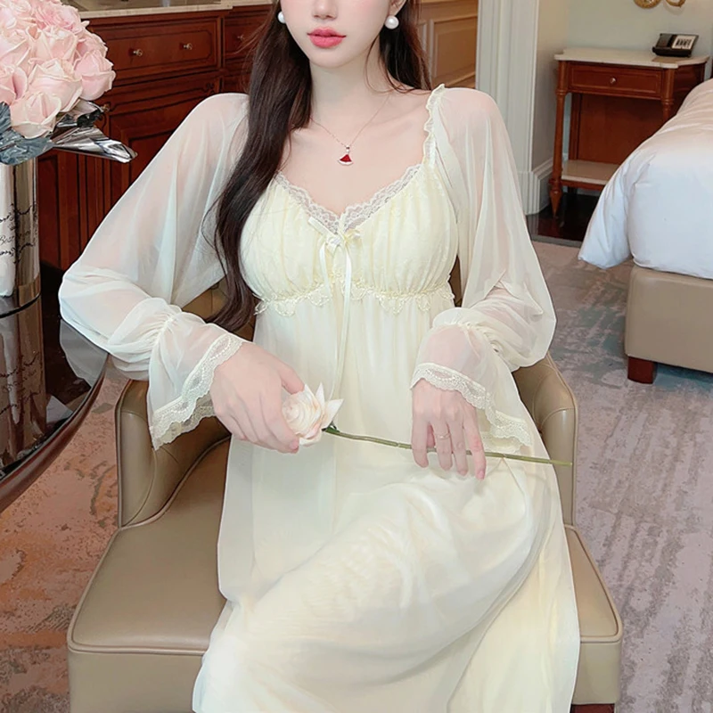 

Long Modal Nightgown Women Sexy Nightdress Mesh Lace Homewear Elegant Loungewear Lady Princess Style Sleepwear Nightwear