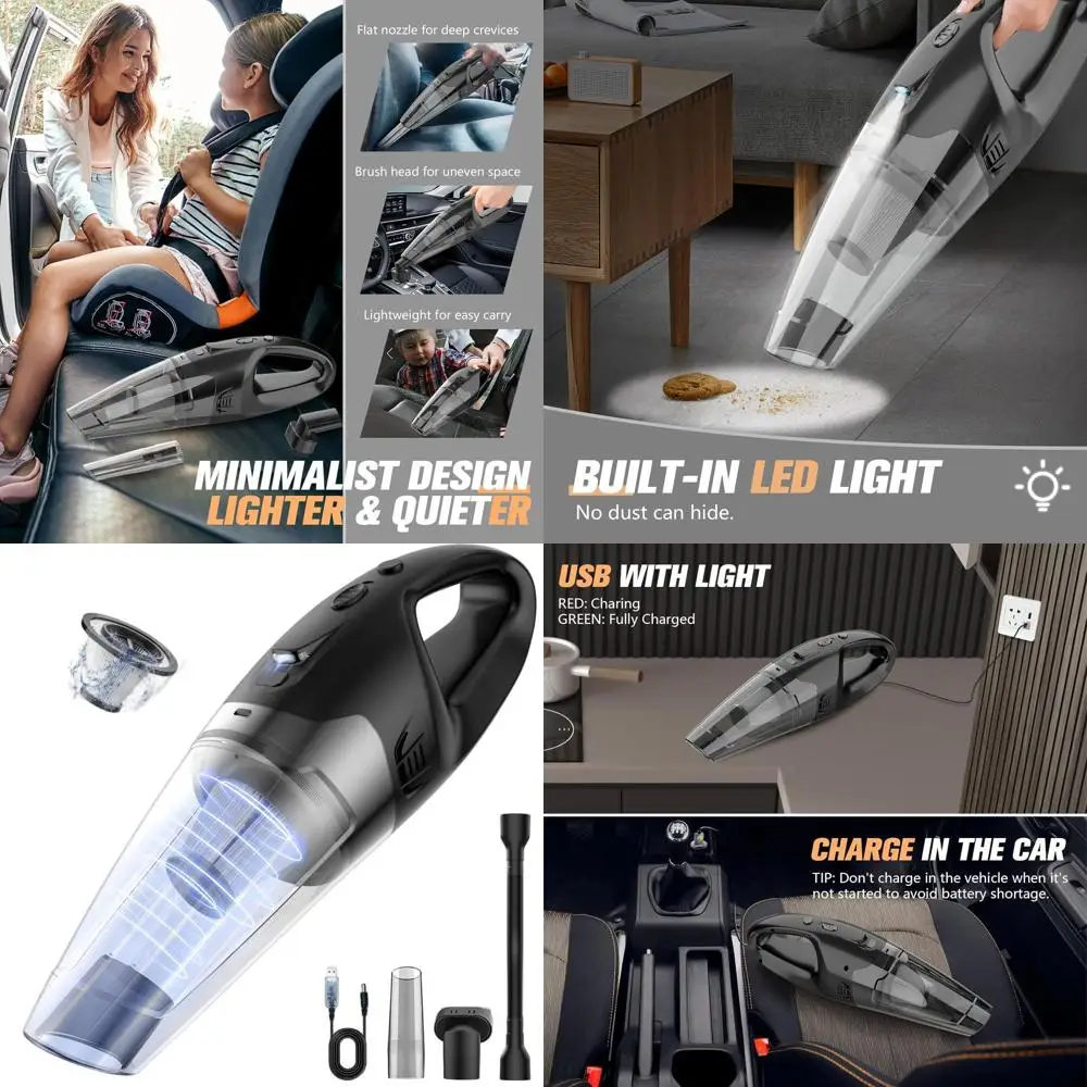 

Портативный беспроводной пылесос с LED-подсветкой, перезаряжаемый через USB, вес 1,65 фунта, HEPA-фильтр, идеально подходит для автомобилей, домов и домашних животных.