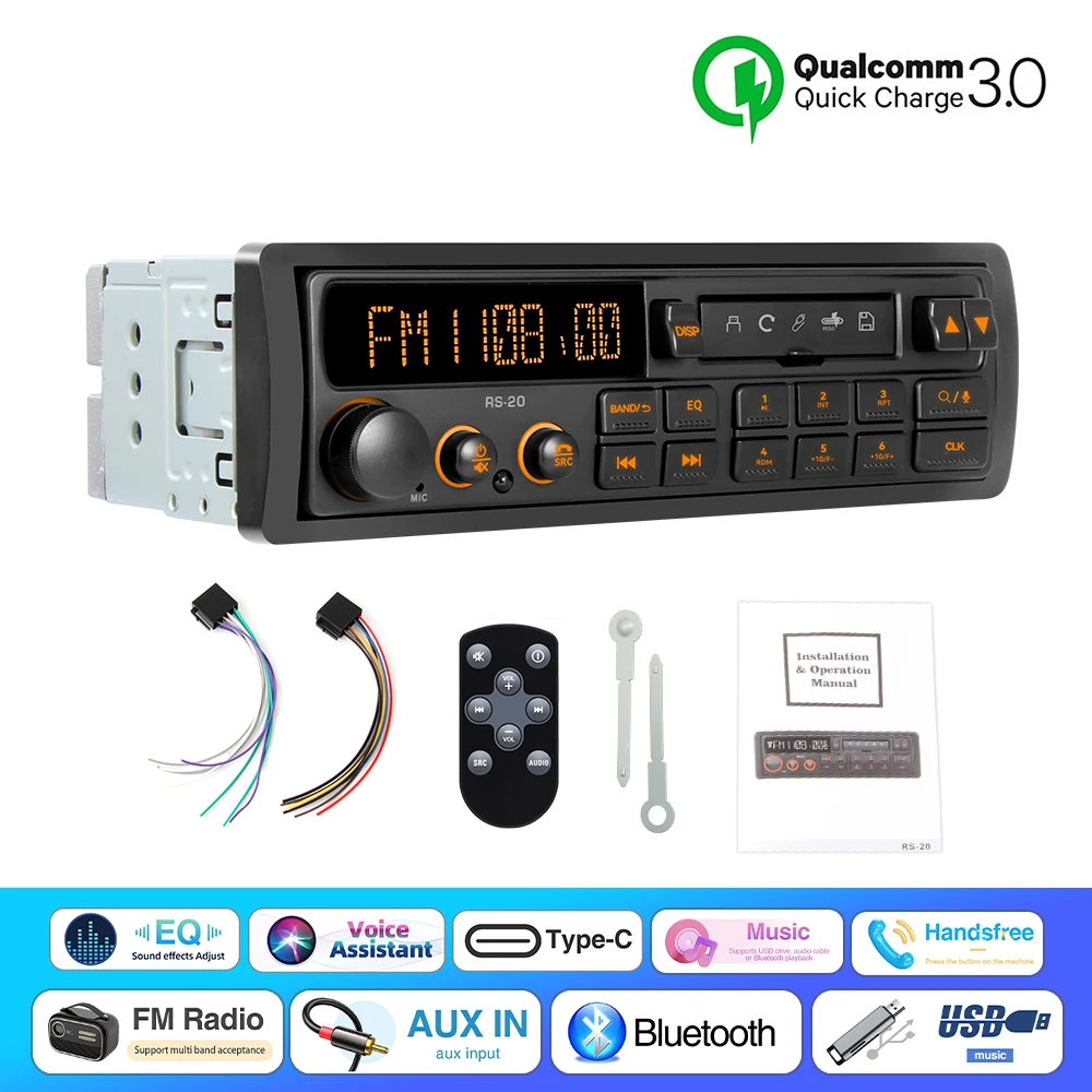 1 Din MP3 Retro Style Car Radio Bluetooth AUX FM AM RDS EQ QC3.0