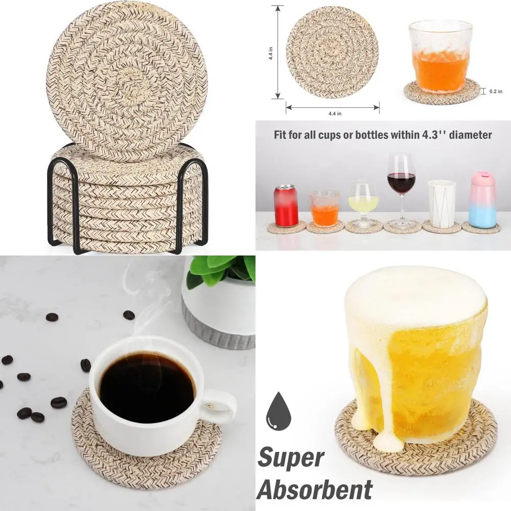

8 pcs drink coasters with holder, cotton woven absorbent coasters for drinks, minimalist home decor coaster set for wooden tabl