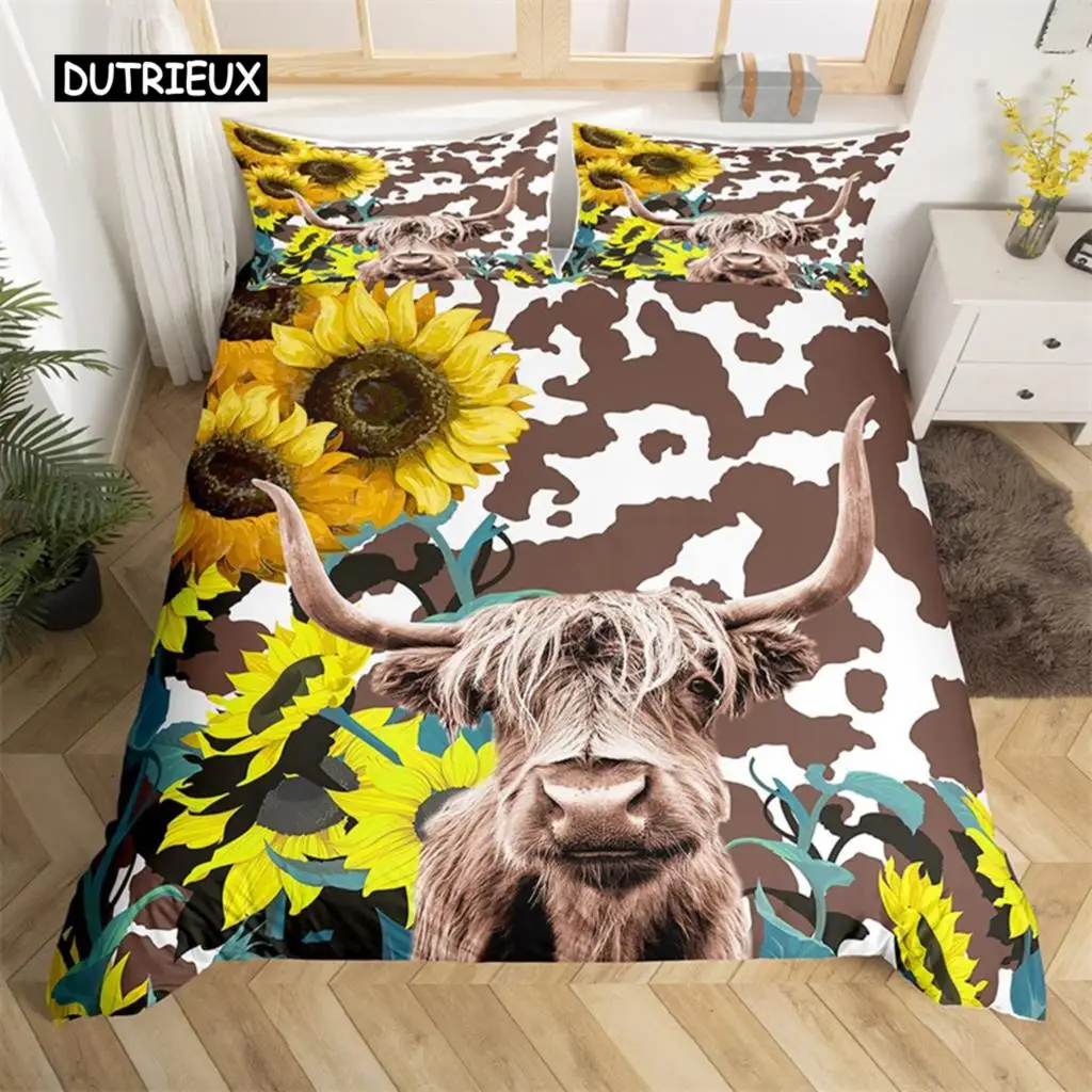 Ensemble de literie Highland Cow, housse de couette, couvre-lit, polyester, taureau, bétail, fleurs, animal sauvage occidental, housse athlon, ferme