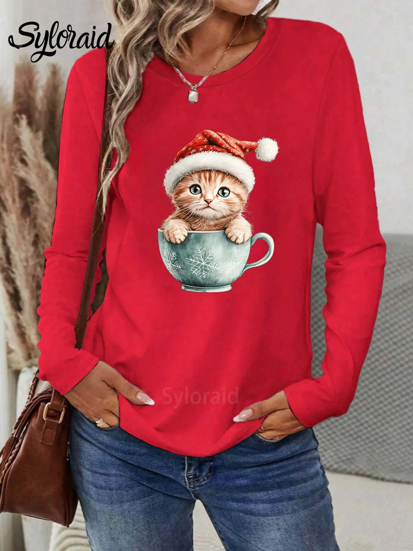 تي شيرت نسائي طويل الأكمام لعيد الميلاد سانتا كات في فنجان الشاي جرافيك تي شيرت عصري برقبة دائرية كاجوال #3